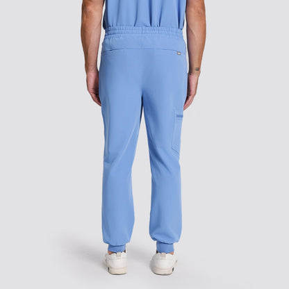 KungFu Scrubs men's ceil blue scrub pants back view with elastic waist and cargo pocket