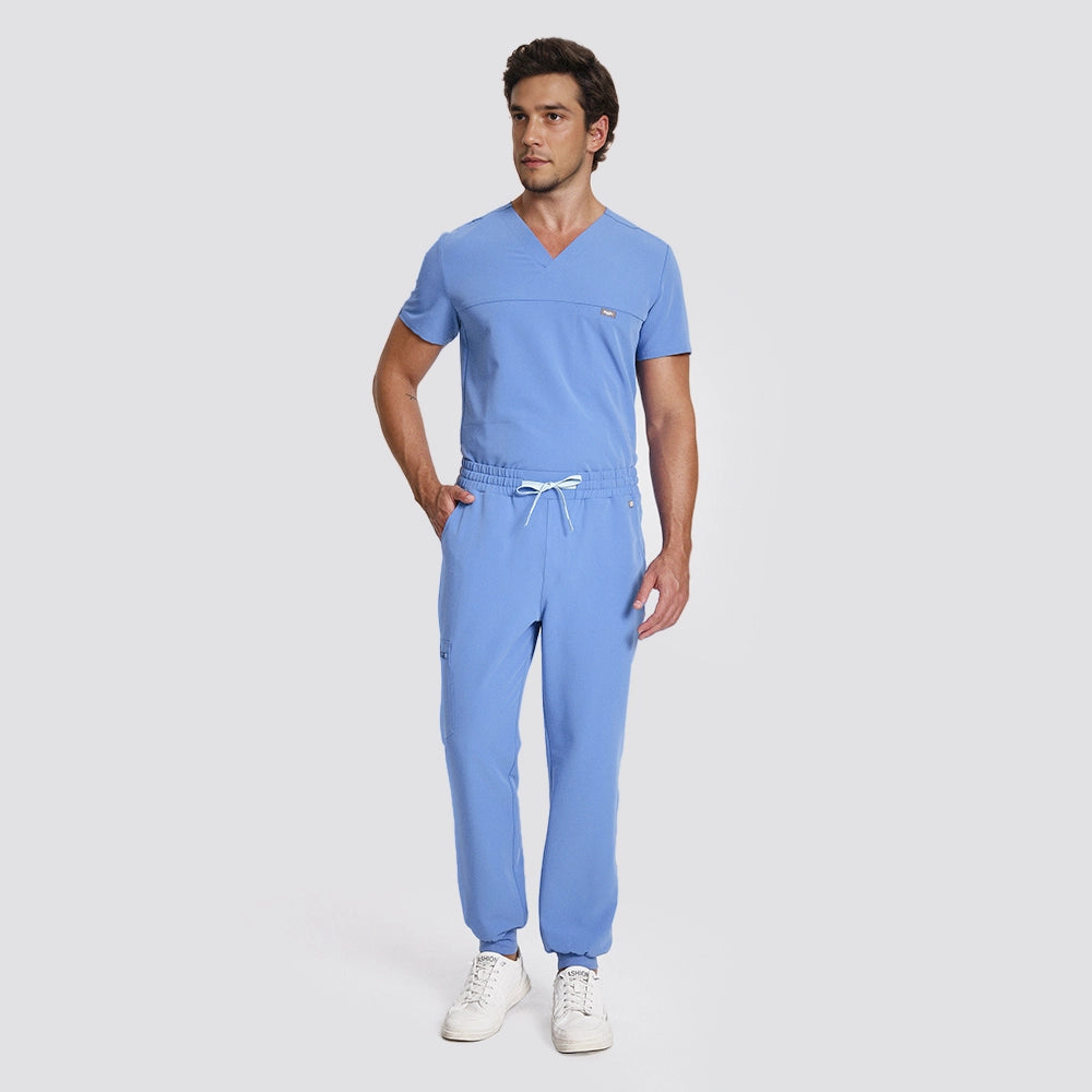 KungFu Scrubs men's ceil blue jogger scrub pants full body front view