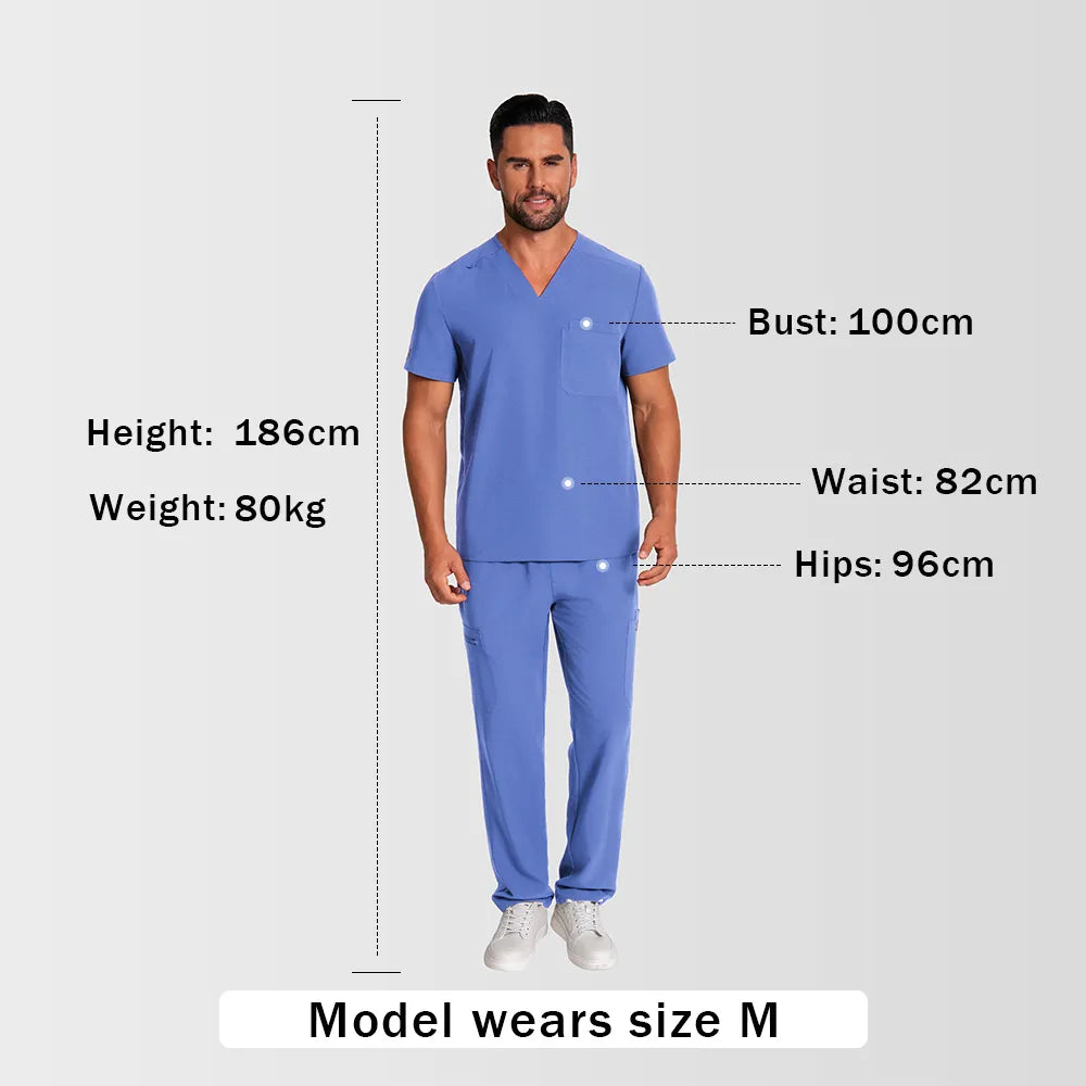 KungFu Scrubs men’s ceil blue scrub set size guide with model measurements