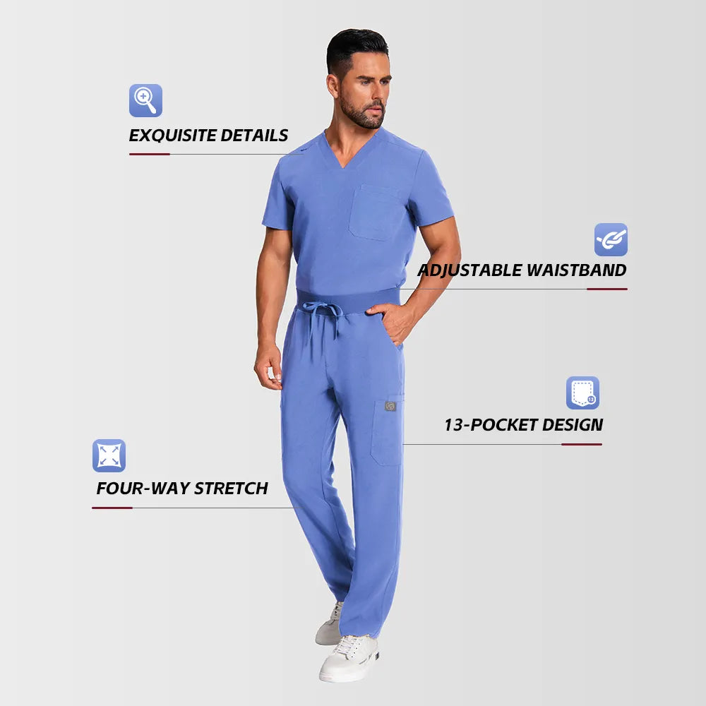 KungFu Scrubs men’s ceil blue scrub set with adjustable waistband, 13-pocket design and four-way stretch
