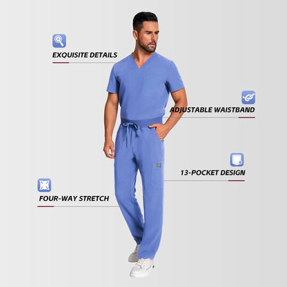 KungFu Scrubs men’s ceil blue scrub set with adjustable waistband, 13-pocket design and four-way stretch