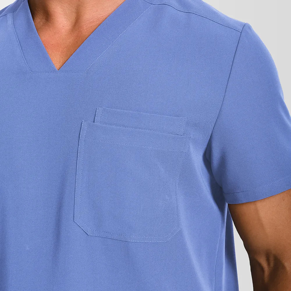 KungFu Scrubs men’s ceil blue V-neck scrub top chest pocket close-up