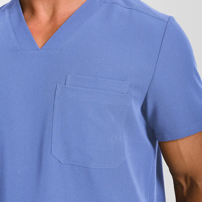 KungFu Scrubs men’s ceil blue V-neck scrub top chest pocket close-up