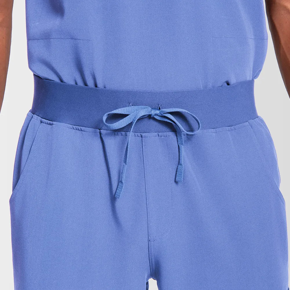 KungFu Scrubs men’s ceil blue scrub pants drawstring waistband close-up