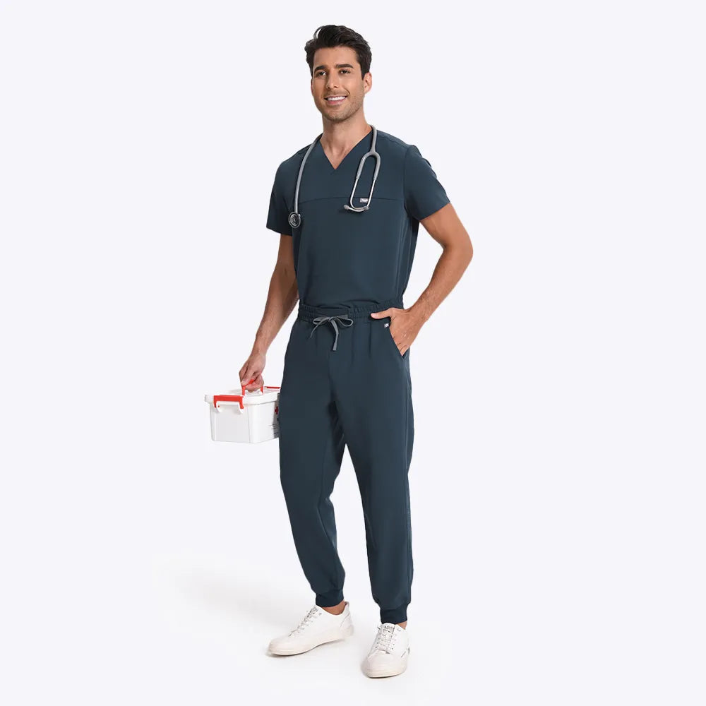 KungFu Scrubs dark harbor men's medical scrubs full body front view with stethoscope and medical case