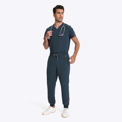 KungFu Scrubs dark harbor men's scrubs full body view with adjustable drawstring jogger pants