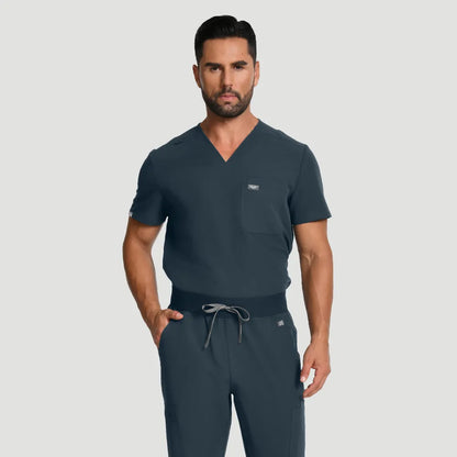 Dark Harbor men’s V-neck scrub top and jogger pants, front view, professional medical uniform.