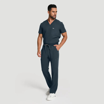 Dark Harbor men’s medical scrub set with stethoscope, angled view.
