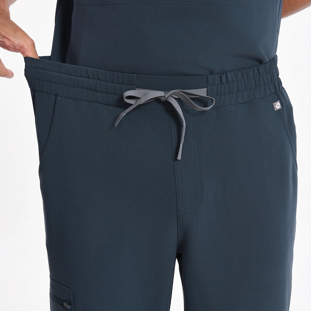 KungFu Scrubs men's dark harbor scrub pants elastic waistband and drawstring close-up