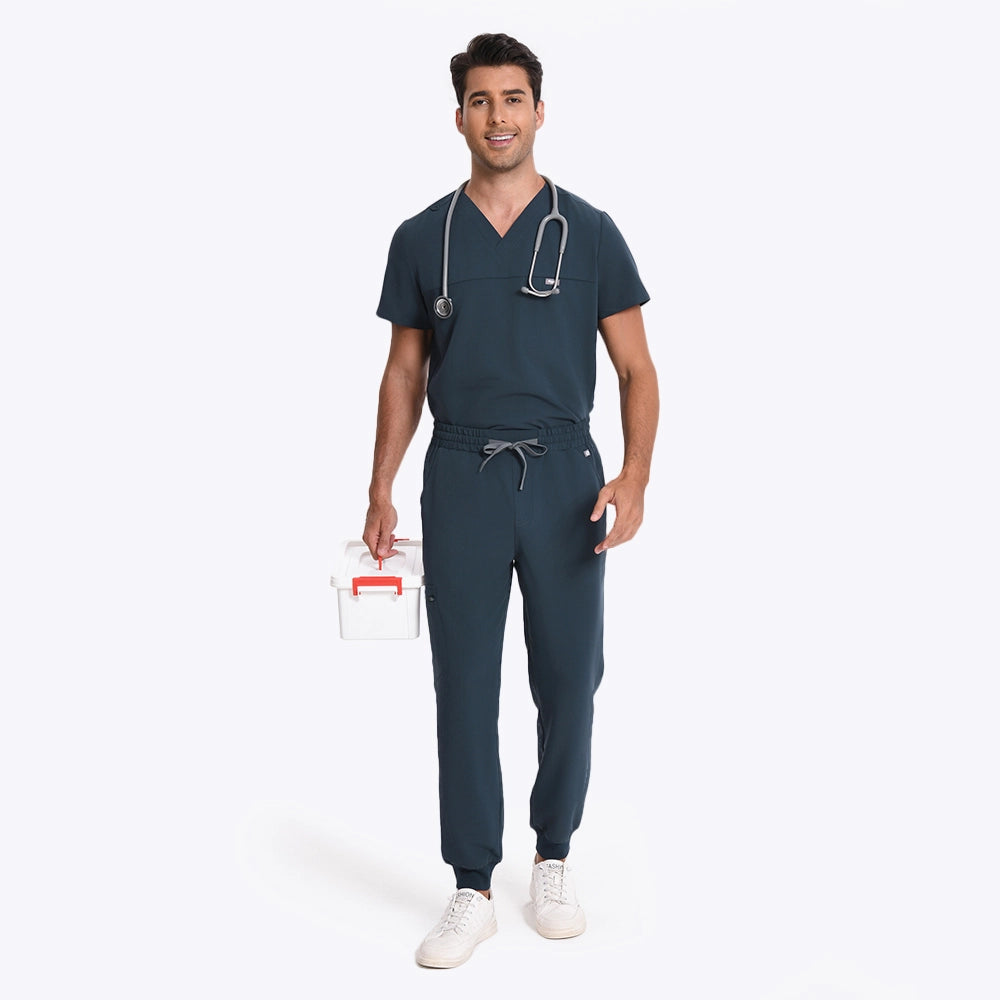 KungFu Scrubs men's dark harbor scrub pants full body front view with stethoscope and medical case