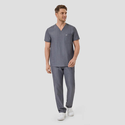KungFu Scrubs men’s graphite scrub set full body walking pose for healthcare professionals