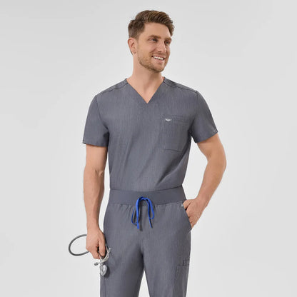 KungFu Scrubs men’s graphite scrub set front view with V-neck top and stethoscope
