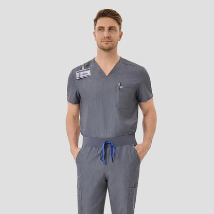 KungFu Scrubs men’s graphite medical scrub set front view with chest pocket and badge