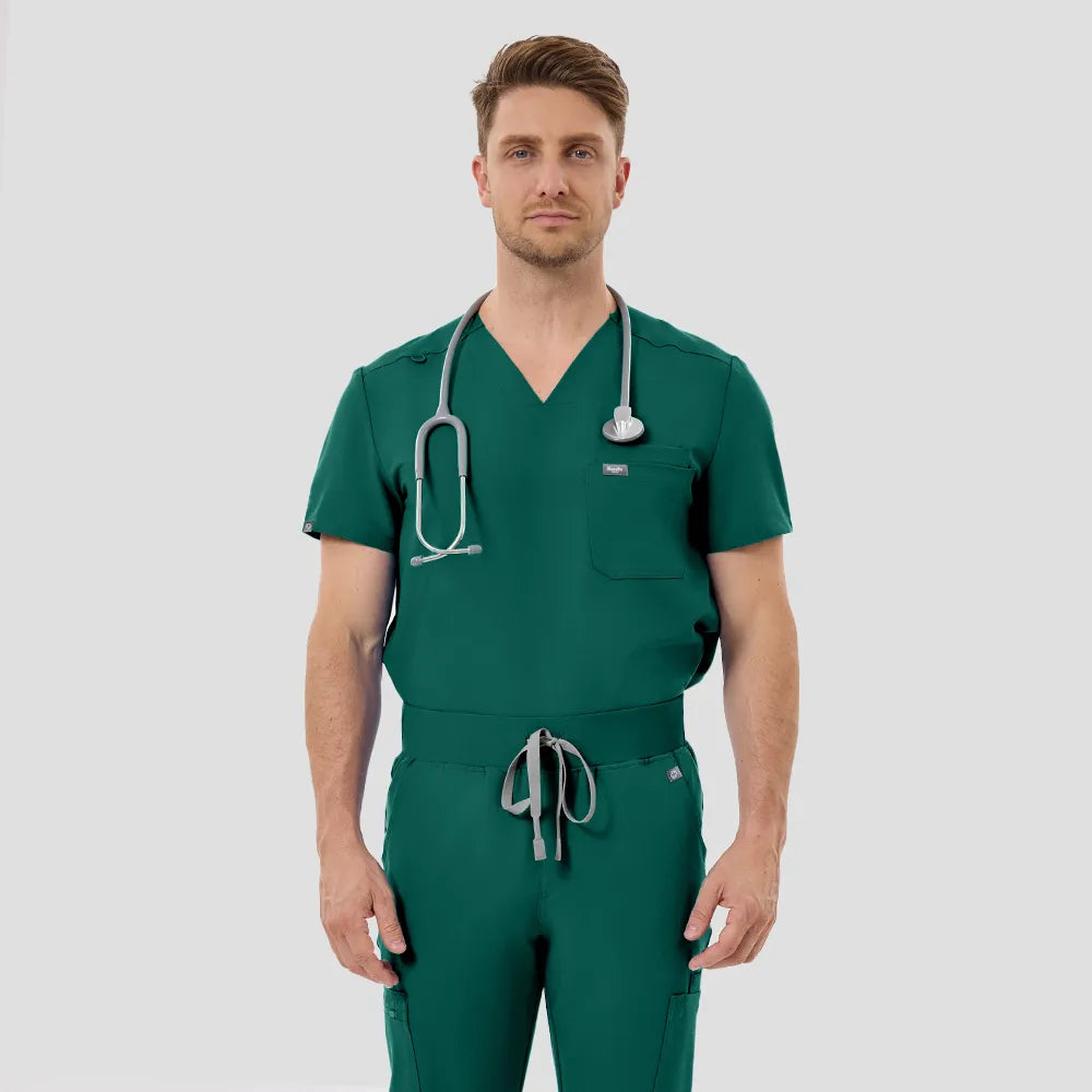KungFu Scrubs men’s hunter green scrub set front view with V-neck top and stethoscope