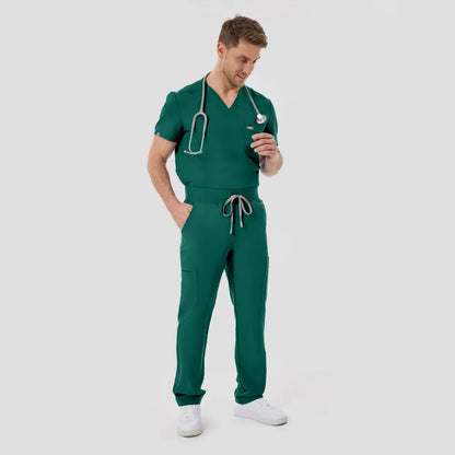 KungFu Scrubs men’s hunter green scrub set full body front view with drawstring pants