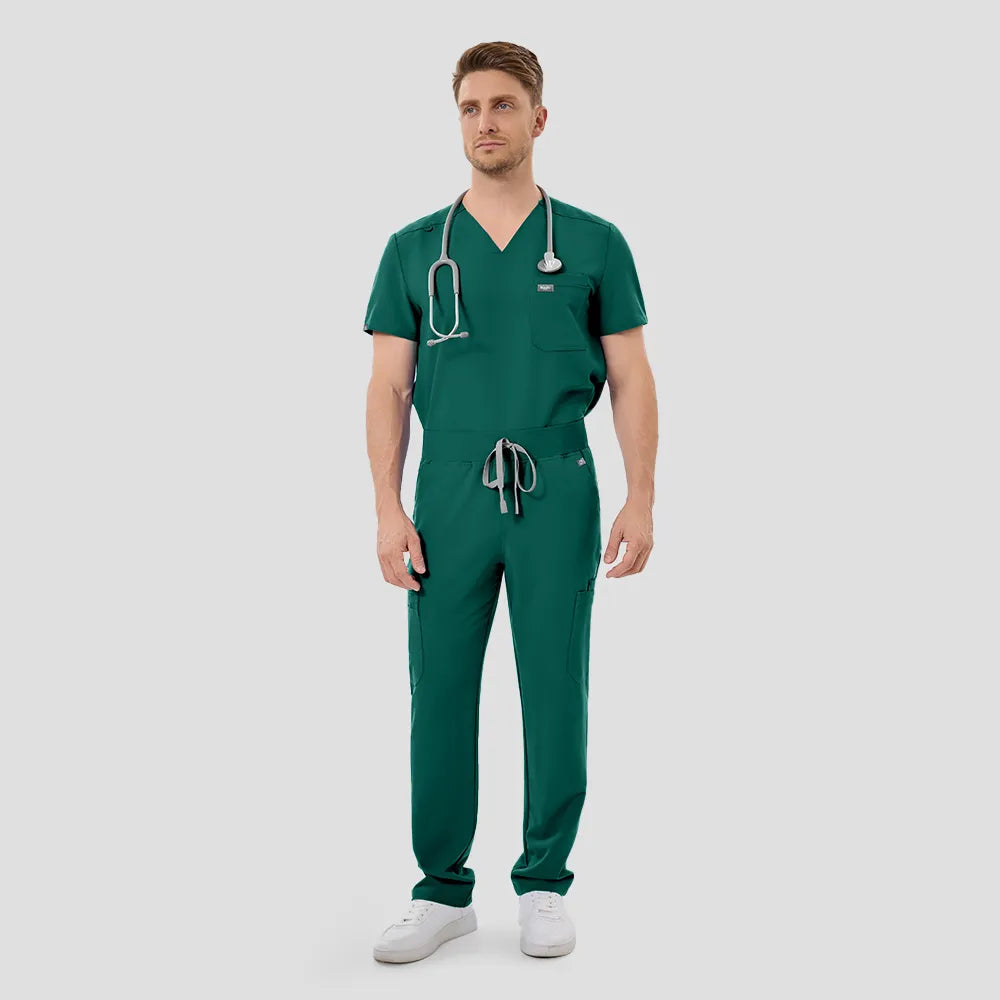 KungFu Scrubs men’s hunter green medical scrub set full front view with stethoscope