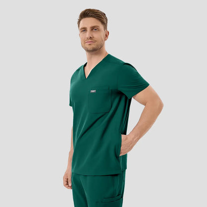 KungFu Scrubs men’s hunter green V-neck scrub top side view with chest pocket