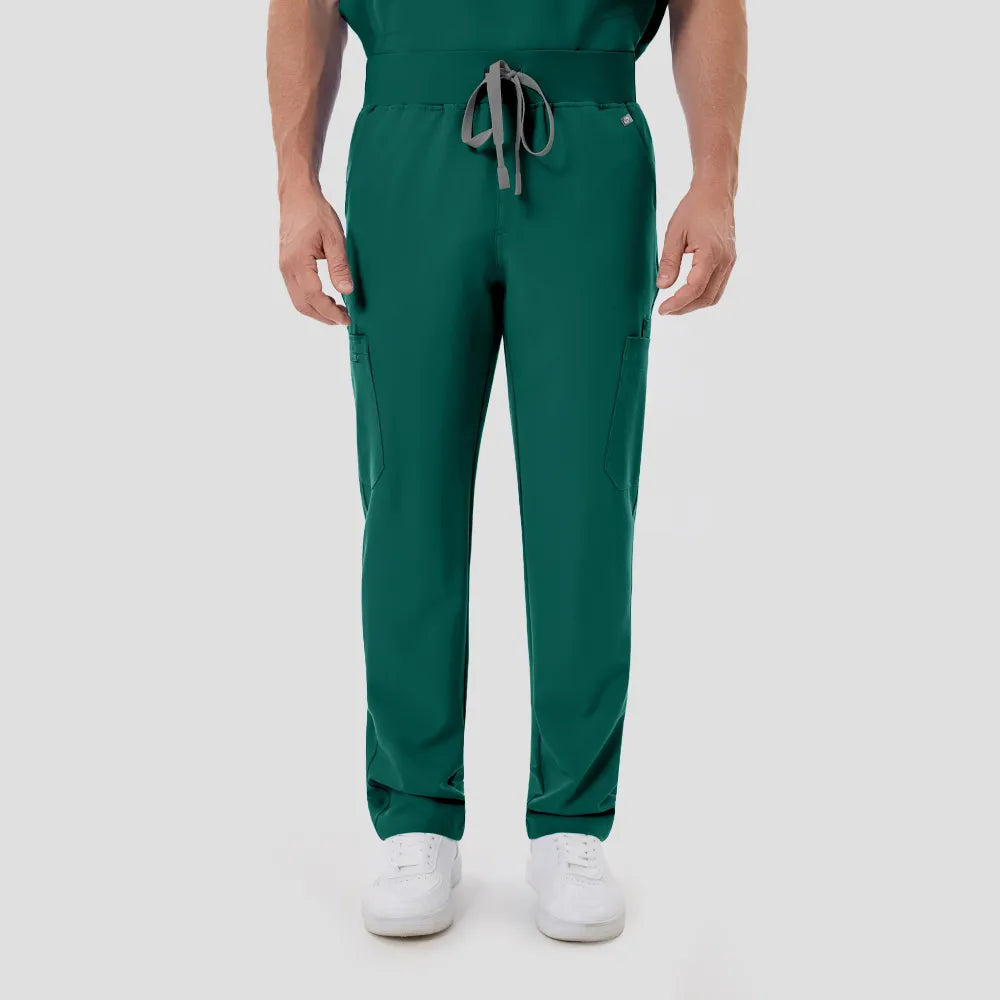 KungFu Scrubs men’s hunter green scrub pants front view with drawstring waist and cargo pockets