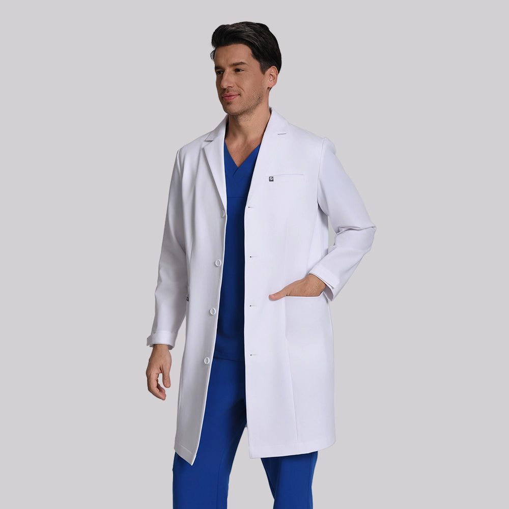 KungFu Scrubs men's long white lab coat front angled view with blue scrubs