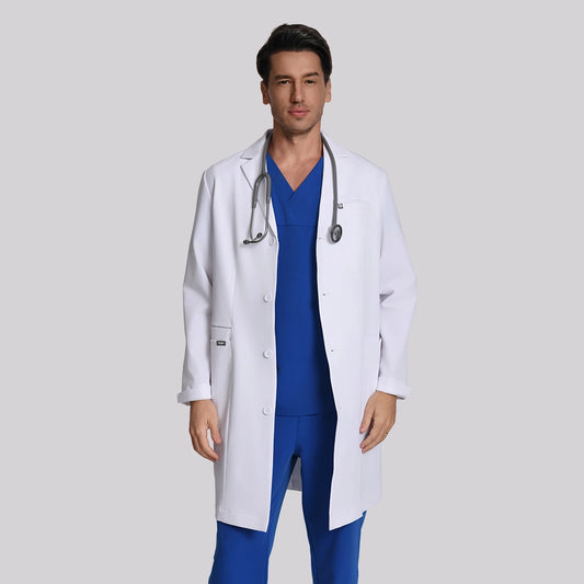 KungFu Scrubs men’s long white lab coat with stethoscope front view