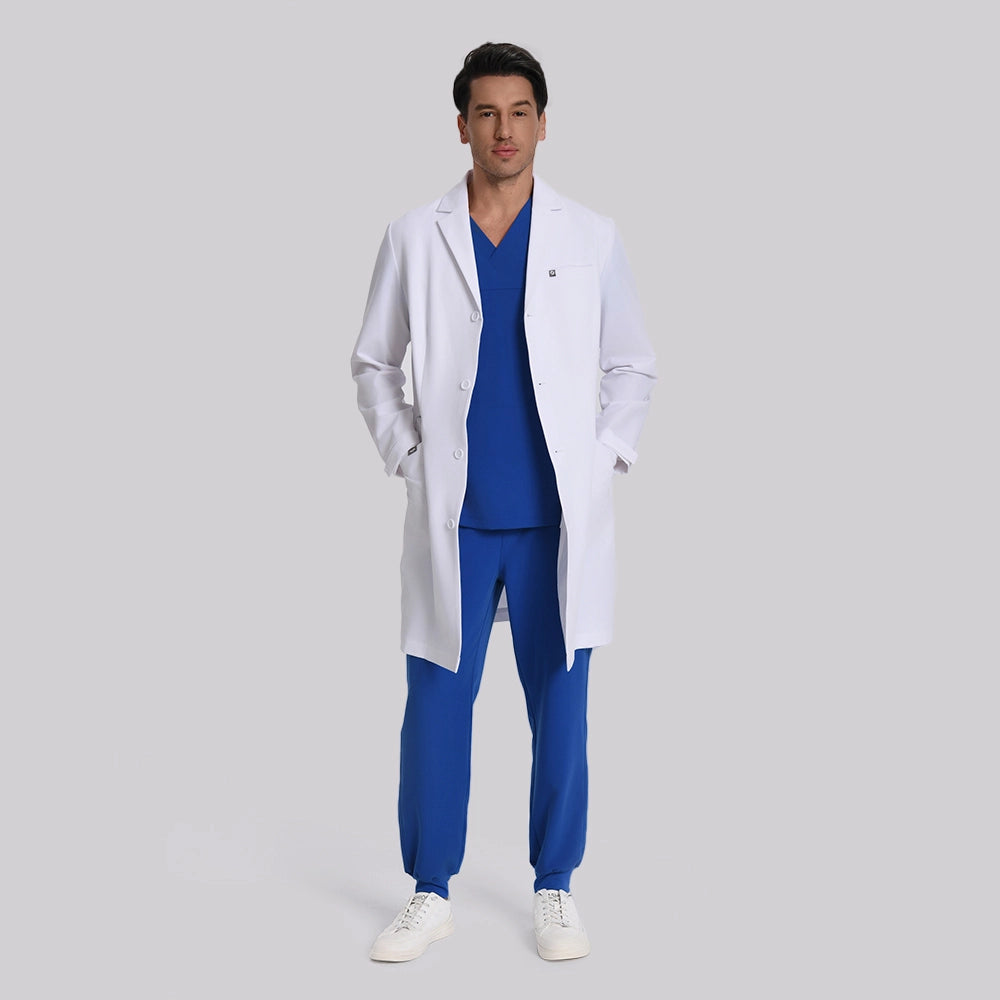 KungFu Scrubs men's white doctor coat full front view over royal blue scrubs
