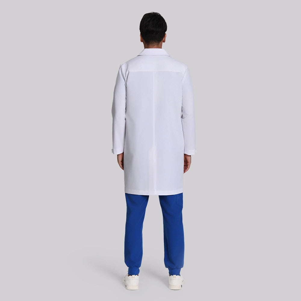 KungFu Scrubs men's long white lab coat full back view with professional fit