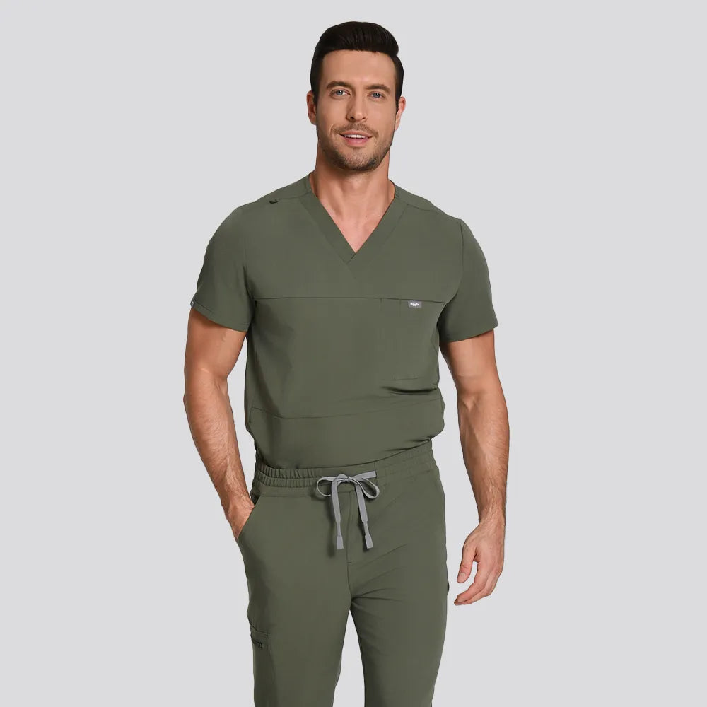 KungFu Scrubs moss men's scrub set with V-neck top and jogger pants, shown on male healthcare model