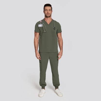 KungFu Scrubs moss men's medical scrubs full body front view with stethoscope and relaxed fit