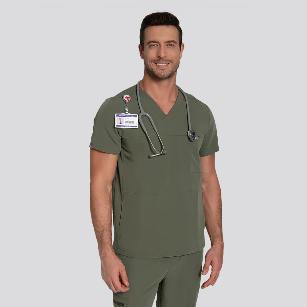 KungFu Scrubs moss men's V-neck scrub top close-up with professional medical uniform design
