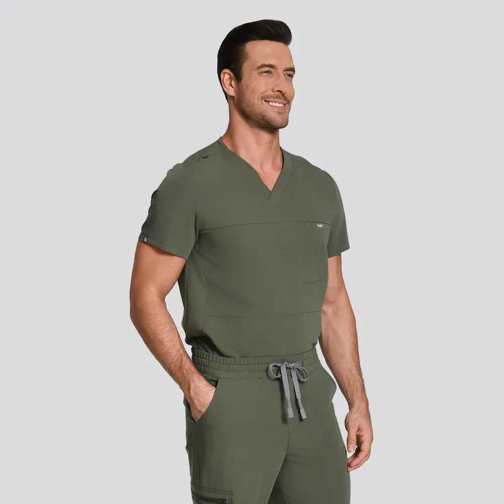 KungFu Scrubs moss men's scrub set side view with elastic waistband and comfortable jogger pants