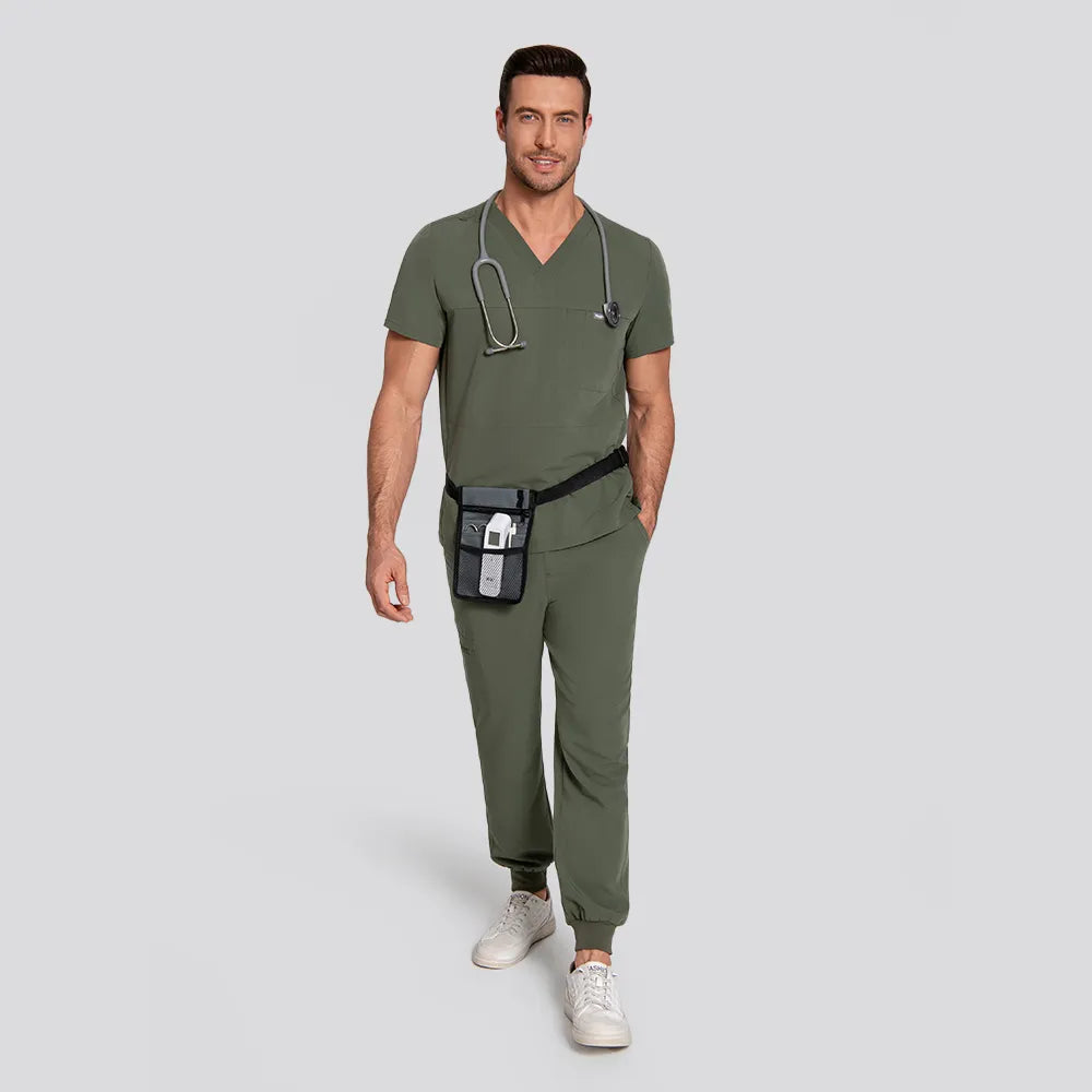 KungFu Scrubs moss men's medical scrubs full body view with utility pouch and modern healthcare workwear