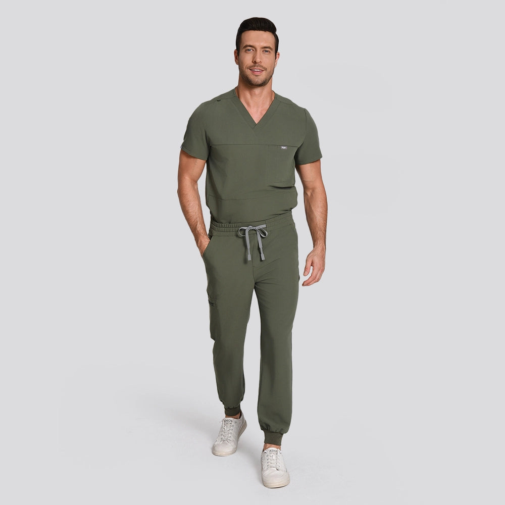 KungFu Scrubs men's moss scrub pants full body front view with V-neck scrub top