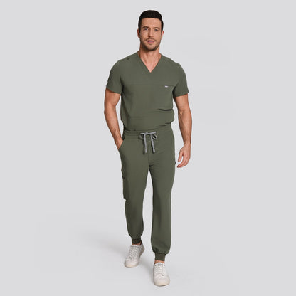 KungFu Scrubs men's moss scrub pants full body front view with V-neck scrub top