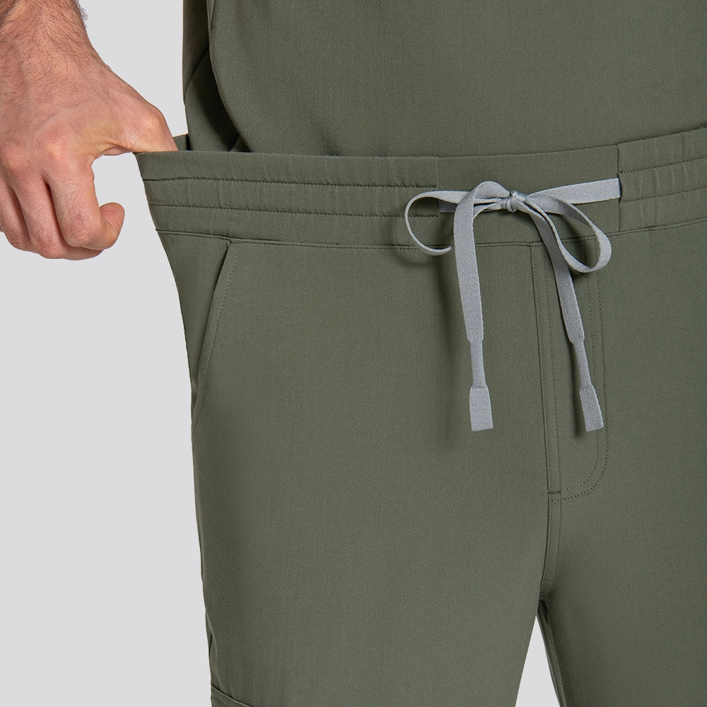 KungFu Scrubs men's moss scrub pants elastic waistband and drawstring close-up