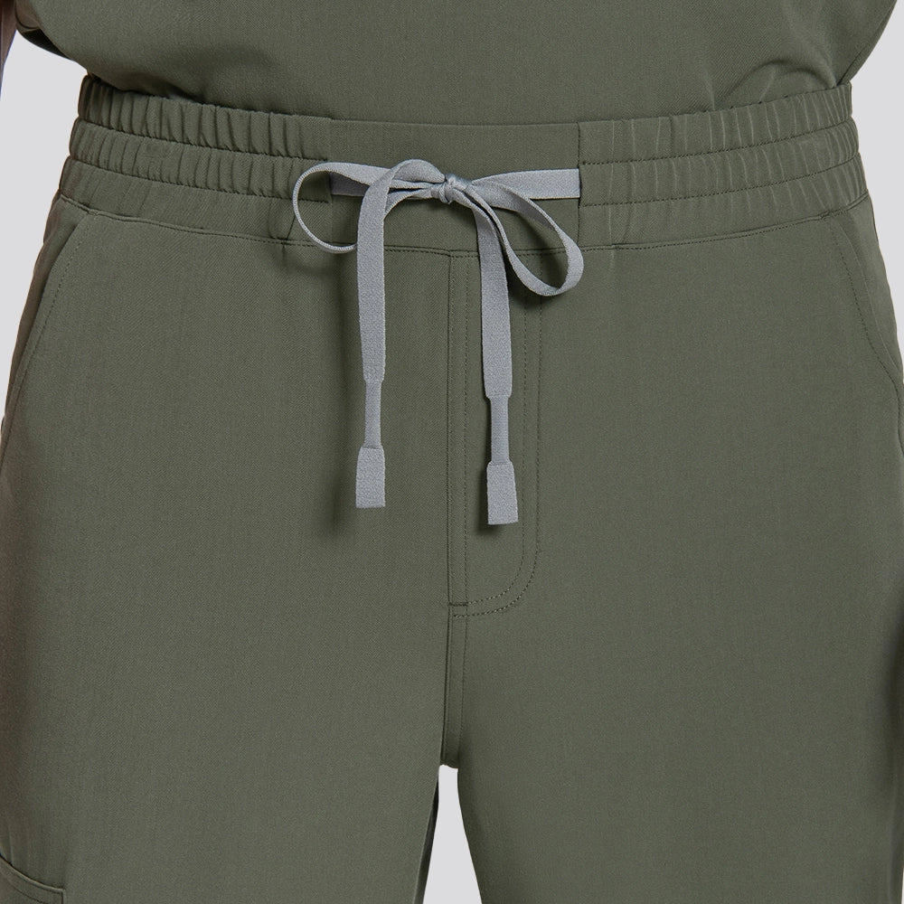KungFu Scrubs men's moss scrub pants waistband close-up with adjustable drawstring