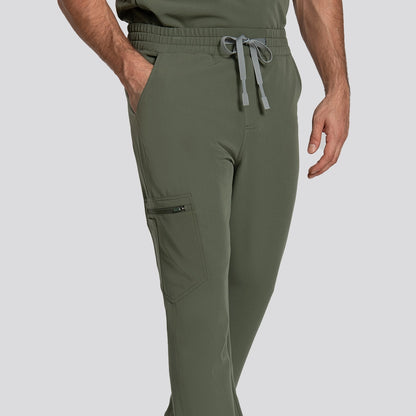 KungFu Scrubs men's moss scrub pants front detail with cargo pocket and relaxed fit