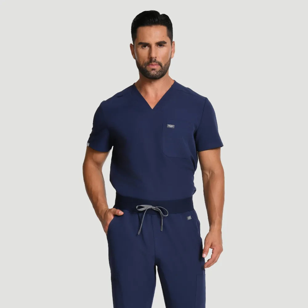KungFu Scrubs men’s navy scrub set front view with V-neck top and drawstring pants