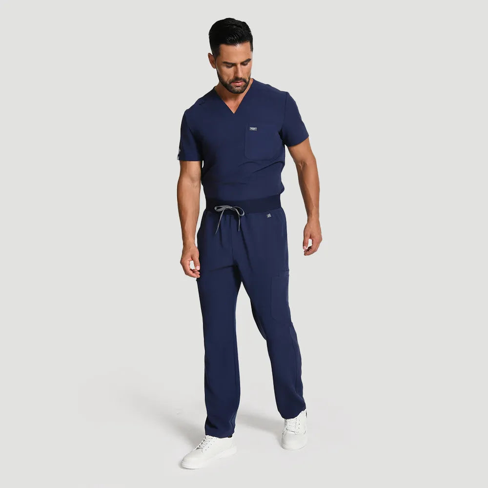 KungFu Scrubs men’s navy scrub set full body front view with cargo pockets