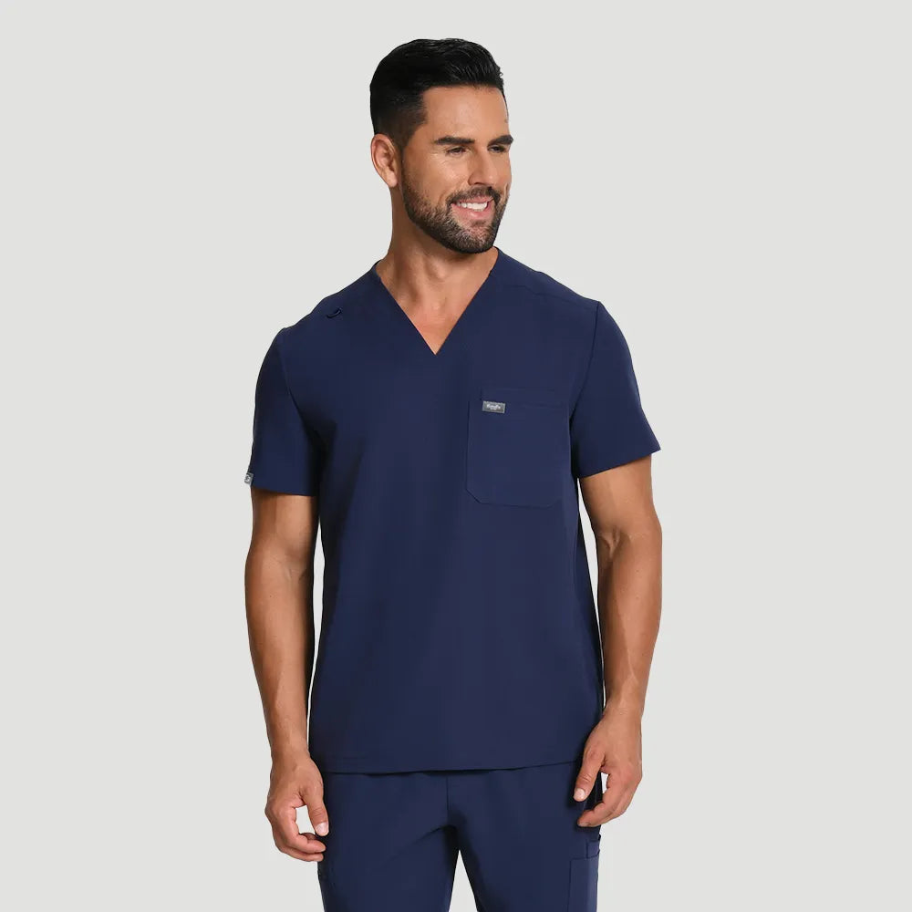 KungFu Scrubs men’s navy V-neck scrub top front view with chest pocket