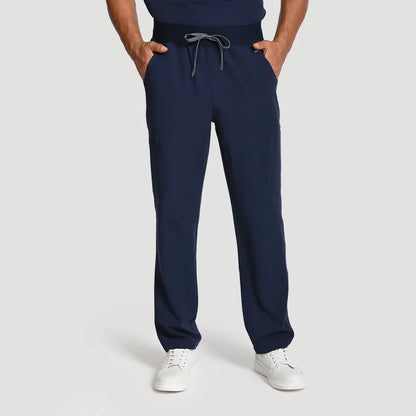 KungFu Scrubs men’s navy scrub pants front view with drawstring waist and side pockets