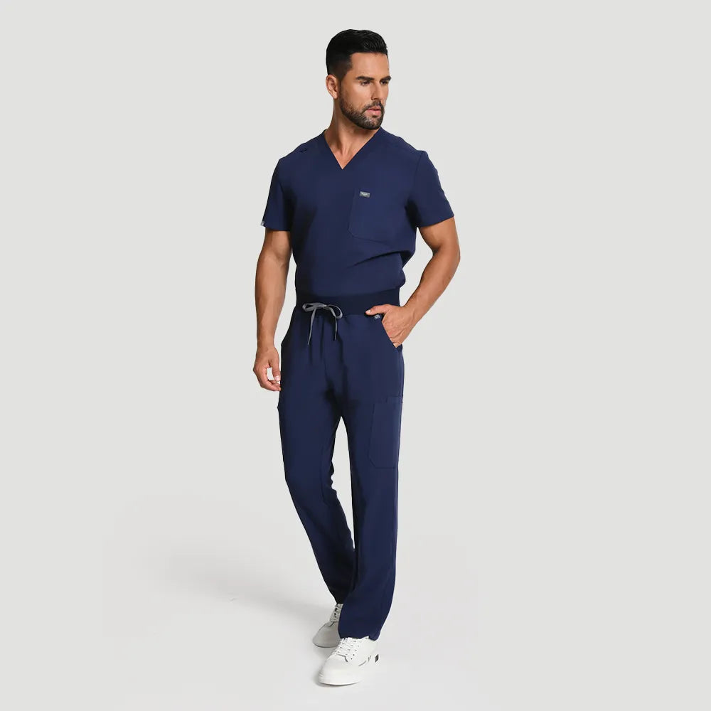 KungFu Scrubs men’s navy medical scrub set full body side front view