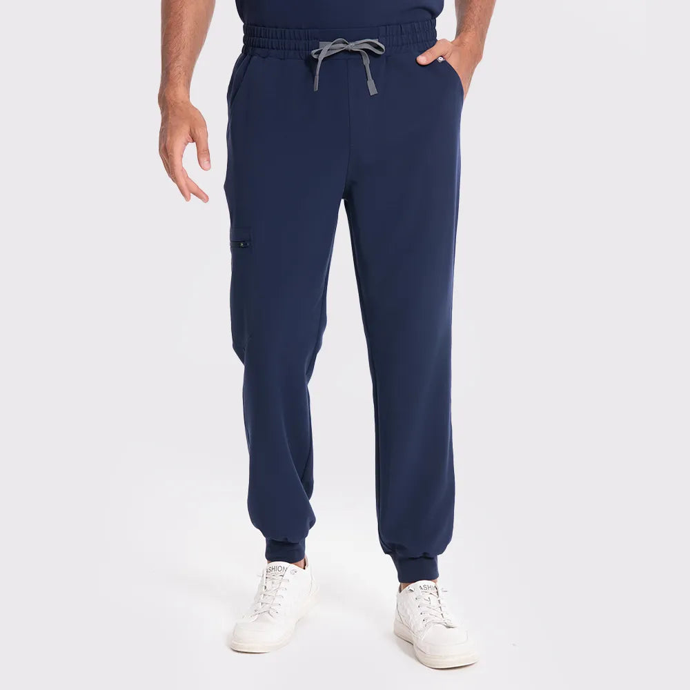 KungFu Scrubs men's navy jogger scrub pants front view with drawstring waistband