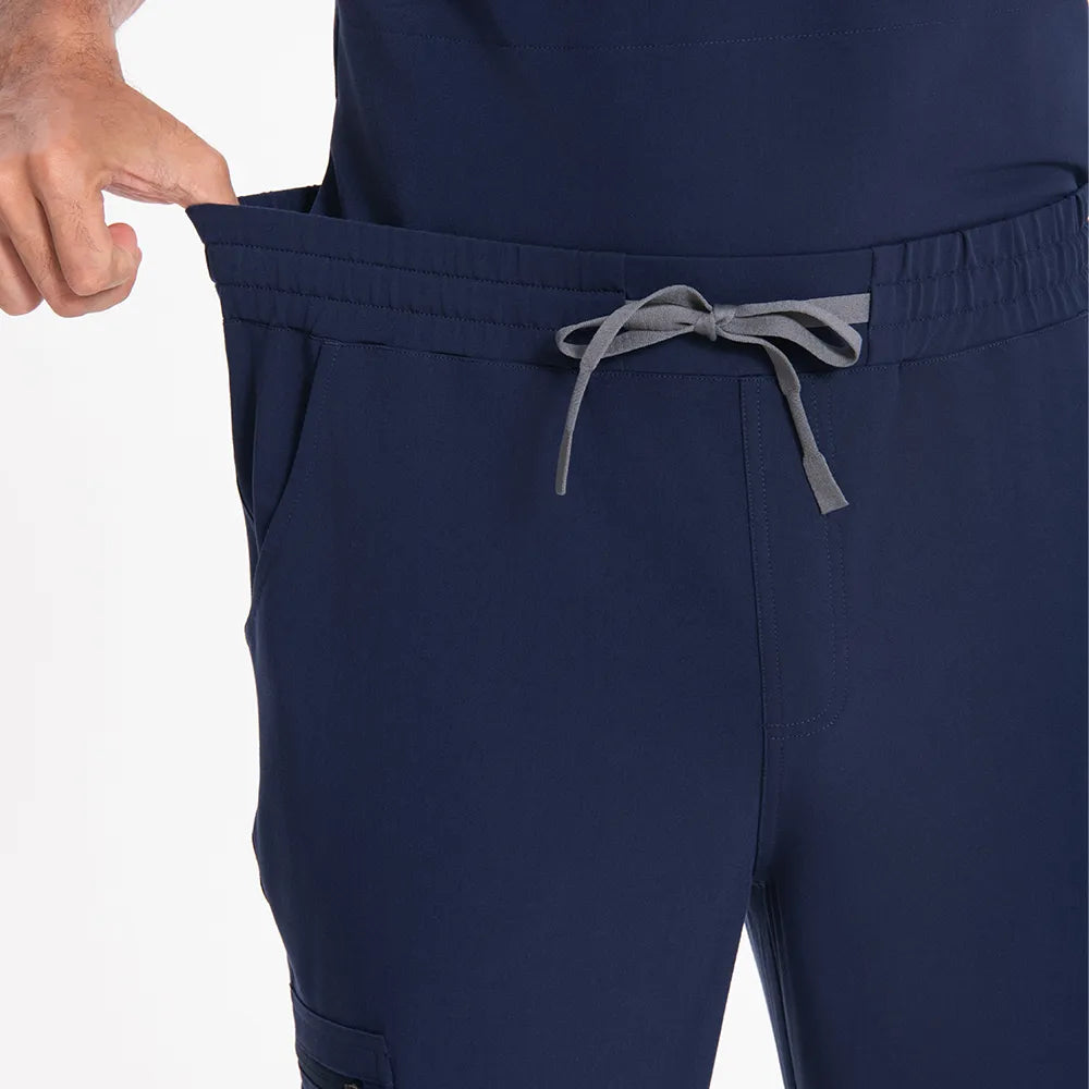 KungFu Scrubs men's navy scrub pants elastic waistband and drawstring close-up