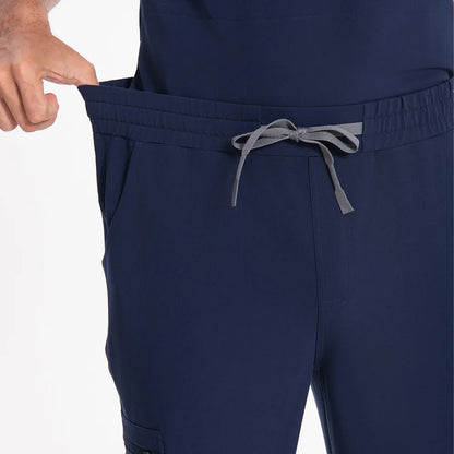 KungFu Scrubs men's navy scrub pants elastic waistband and drawstring close-up