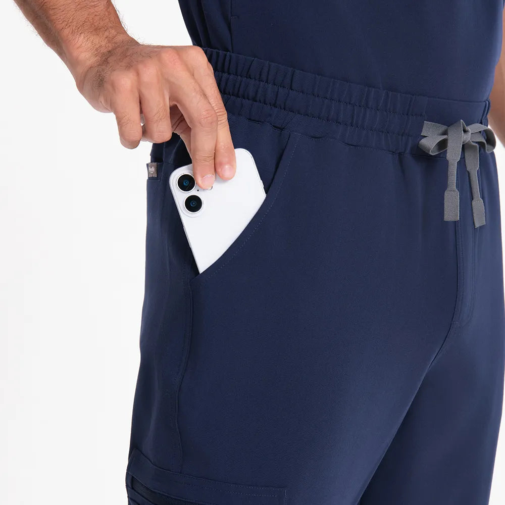 KungFu Scrubs men's navy scrub pants side pocket with phone storage