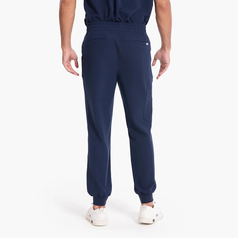 KungFu Scrubs men's navy jogger scrub pants back view with elastic waist and cuffs