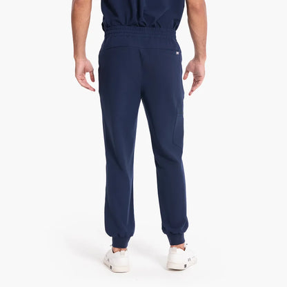 KungFu Scrubs men's navy jogger scrub pants back view with elastic waist and cuffs