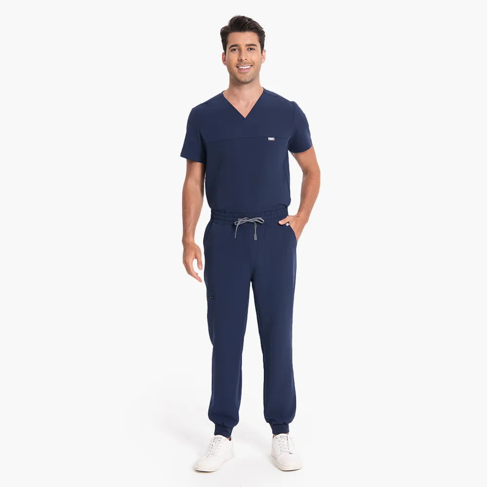 KungFu Scrubs men's navy scrub pants full body front view with medical scrub top