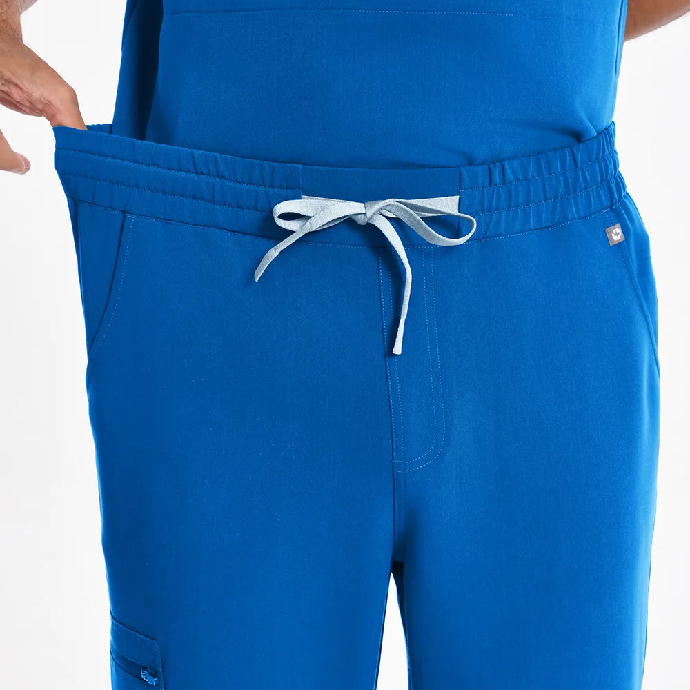 KungFu Scrubs men's royal blue scrub pants elastic waistband and drawstring close-up