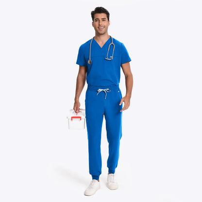 KungFu Scrubs men's royal blue scrub pants full body front view with medical scrub top